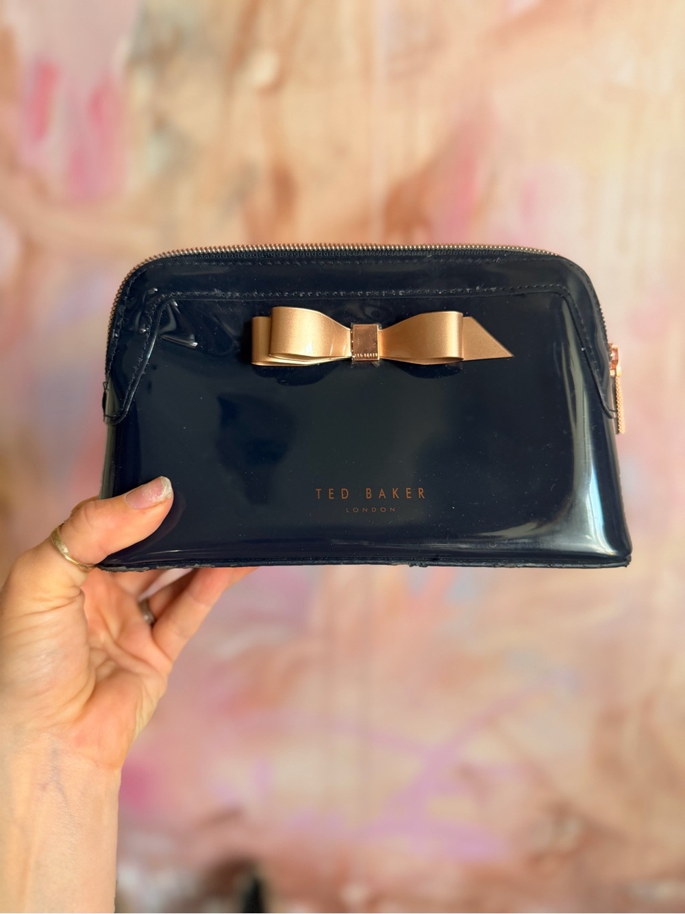 Ted Baker Navy Patent Cosmetic Pouch with Gold Bow Accent